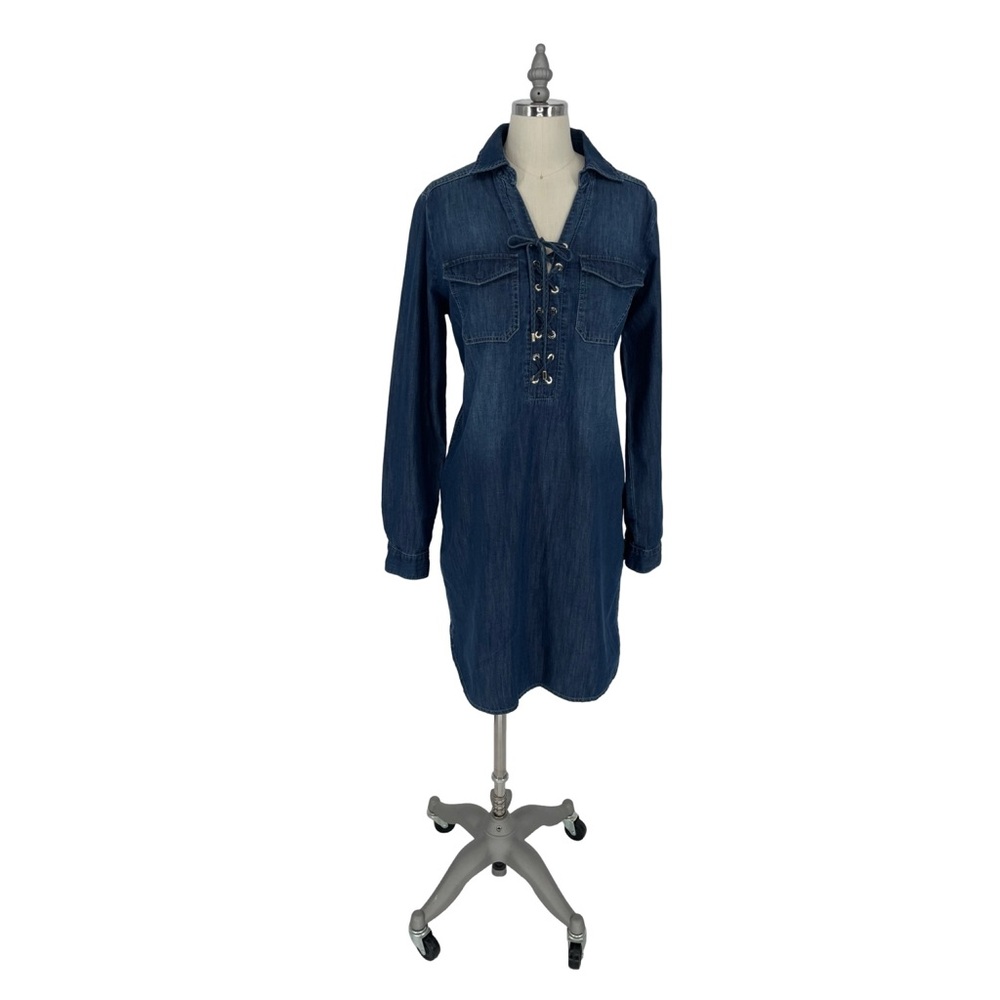 White House Black Market | Long Sleeve Lace Up Front Dark Denim Dress 10 $89 - Picture 3 of 5